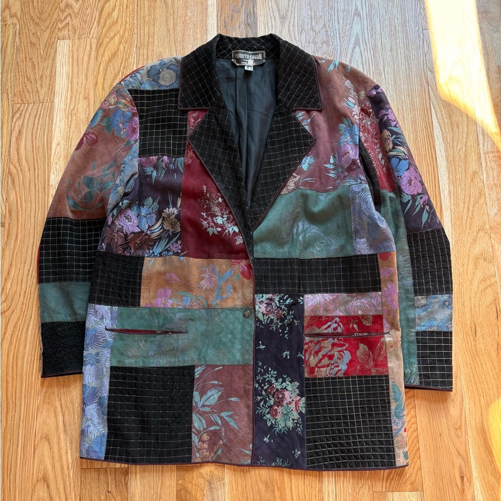 Roberto Cavalli Vintage 80s Floral Patchwork Suede Leather Blazer Italy Made M